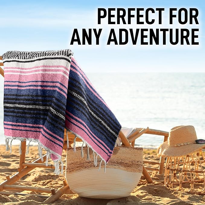 Authentic Large Handwoven Mexican Blanket - Soft Yoga- Durable Serape- Lightweight Falsa, Beach, Camping, Picnic, Outdoor Blanket 70"x50" - Rose Pastel