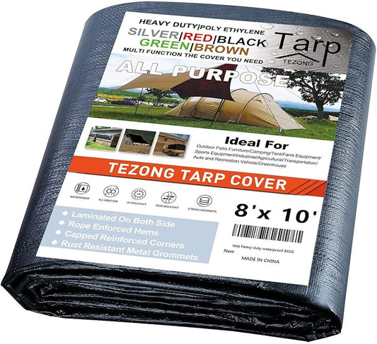 TEZONG Tarps Heavy Duty Waterproof 8x10ft,Black Plastic Tarps Large Multipurpose Outdoor Tarp Cover Thick Poly Tarpaulin 16MIL for Emergency Rain or Sun, Roof, Patio Furniture, Firewood, Canopy