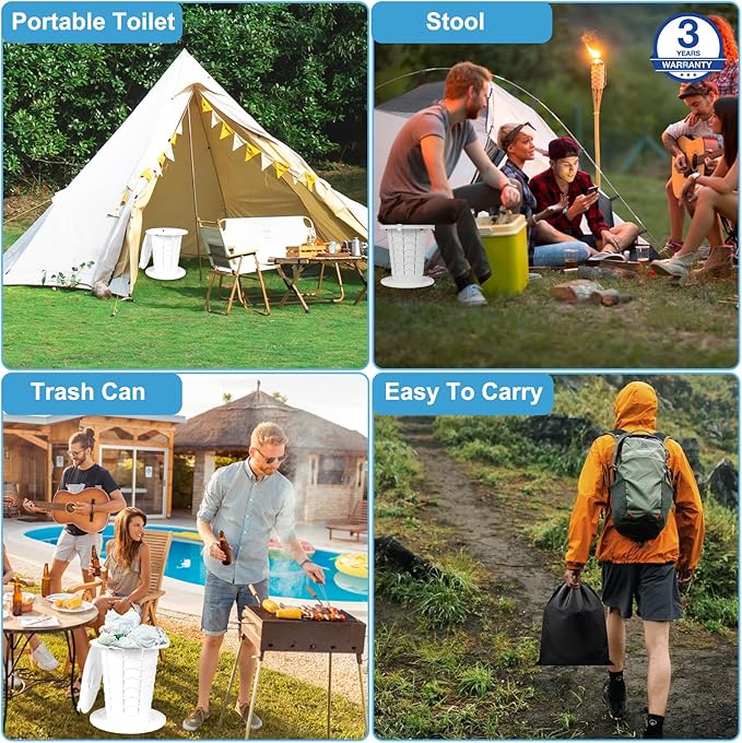 XL Portable Toilet - 13"H Adjustable Foldable Camping Toilet, Luggable Loo with Lid, Strap, Toilet Bag for Camping, Hiking, Travel and Car