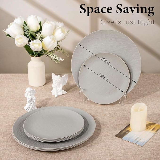 WONDERFUL 32pcs Light Grey Plastic Plates Reusable Unbreakable & Dishwasher safe Dishes Set Outdoor Plates Includes:16 Dinner 10" and 16 Dessert Plate 7.3" Ideal for BBQ Camping