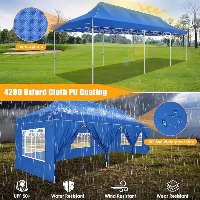 HOTEEL Tents for Parties 10x30 Pop Up Canopy Tent Heavy Duty with 8 Sidewalls, Commercial Party Tent Event Wedding Instant Canopy Waterproof with Carry Bag, UV 50+, Thicked Hexagonal Legs, Blue