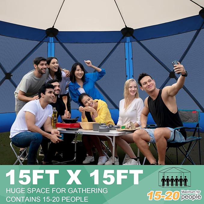 COBIZI 15x15ft Extra Large Pop Up Gazebo Canopy Tent with Mosquito Netting, Spacious Easy Set-Up Screened Shelter, Durable Outdoor Pavilion with Ground Stakes, Perfect for Patio, Backyard, Blue