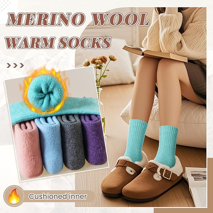 Merino Wool Socks For Women Hiking Winter Boot Thermal Warm Thick Cozy Work Crew Socks 5 Pairs