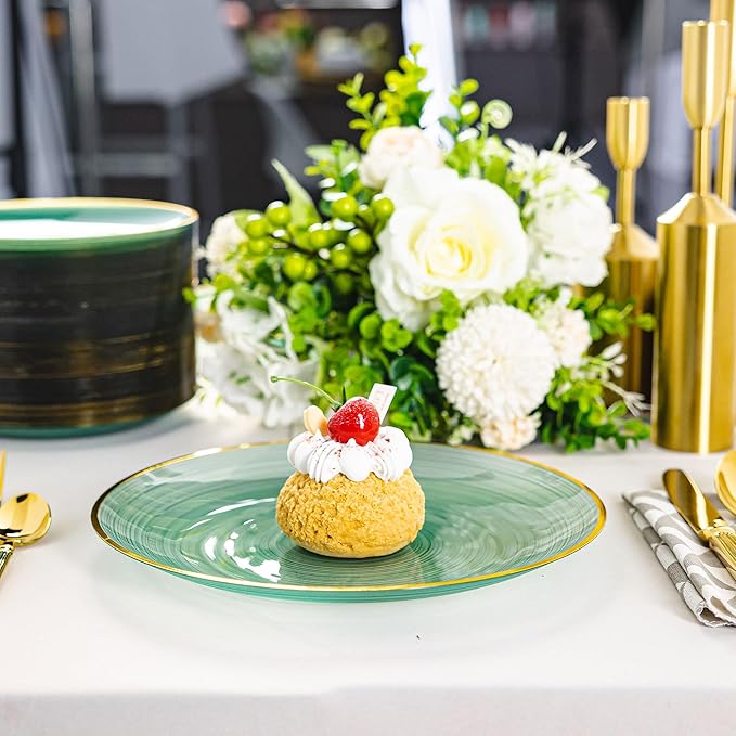 100PCS Transparent Green Gold Plastic Plates, 10 Inch Heavy Duty Disposable Dinner Plate with Gold Rim, Round Party Plates for Wedding, Party, Camping, Picnic, Birthday