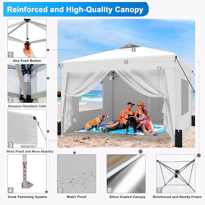 SANWAY 10x10 Pop Up Canopy Tent with Sidewalls x 4 – Easy Setup Canopy Tent, Waterproof, UV-Resistant, Portable with Carry Bag for Outdoor Events, Camping, and Backyard Parties – White