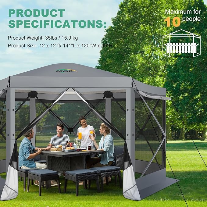 COBIZI 12x12 Pop up Gazebo Screen House Tent for Camping, Outdoor Canopy with Removable Roof&Sidewalls,Portable Hub Tent with Carrying Bag and Ground Stakes, Grey(Upgraded 2.0)