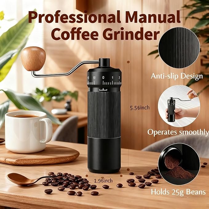 Portable Manual Coffee Grinder with Stainless Steel Conical Burr Mill, 25g Capacity Small Coffee Grinder for Travel, Camping, Office (Black)