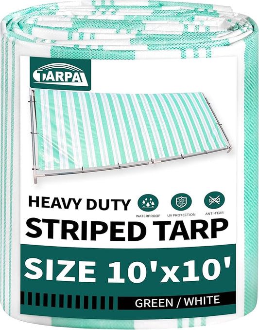 TARPAL Heavy Duty Poly Tarp 10x10 Feet 12mil Striped tarp Multipurpose Protective Cover Durable, Waterproof, Weather Proof, UV,Rip and Tear Proof(Green/White)