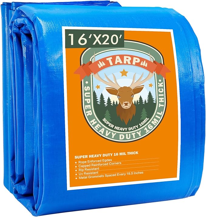 Blue Tarp, Tarps Heavy Duty Waterproof 16x20, Waterproof Plastic Poly 16 Mil Thick Tarpaulin with Metal Grommets Every 19.5 Inches - Emergency Rain Shelter, Outdoor Cover, and Camping Use