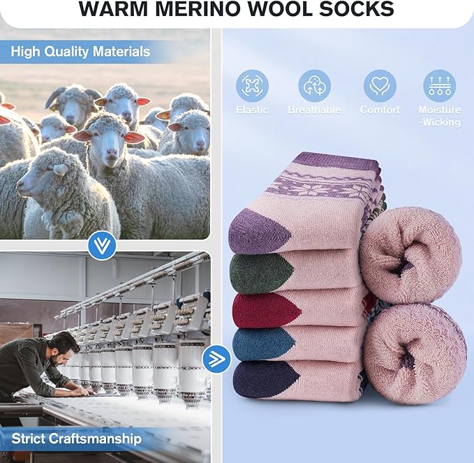 SIMIYA 5 Pairs Merino Wool Socks for Women Winter Thick Warm Hiking Socks Women Thermal Crew Cushion Socks
