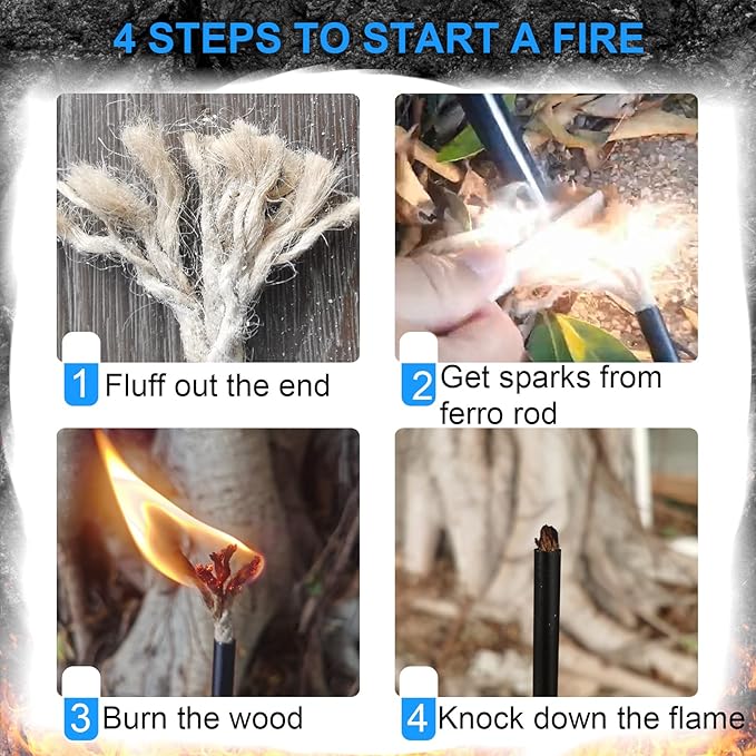 Ferro Rod Fire Starter Kit – Two 5" Flint and Steel with Two Waxed Tinder Cord & Paracord for Camping, Hiking, Outdoor Survival, Emergency Preparedness