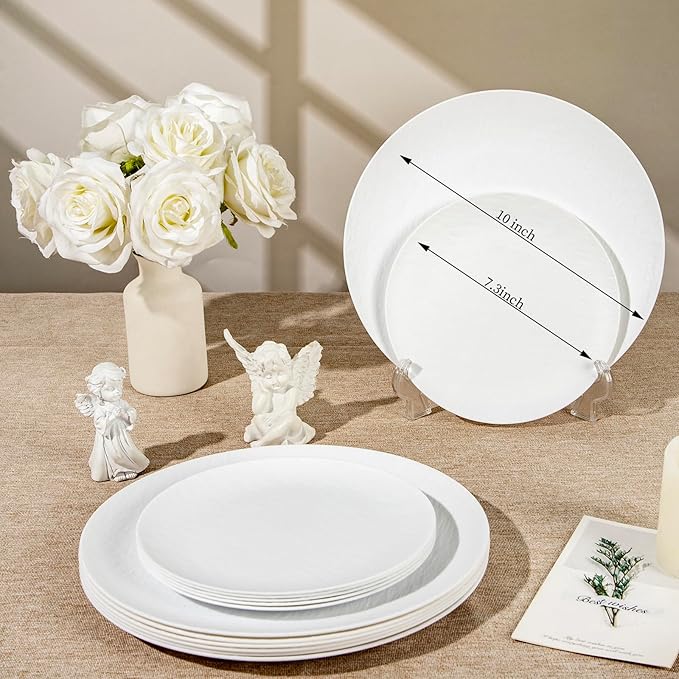 WONDERFUL 32pcs White Plastic Plates Reusable Unbreakable Dinnerware Set Dishes Set Dishwasher Safe Outdoor Wedding Plates Includes:16 Dinner 10" and 16 Dessert Plate 7.3" Ideal for BBQ Camping Picnic