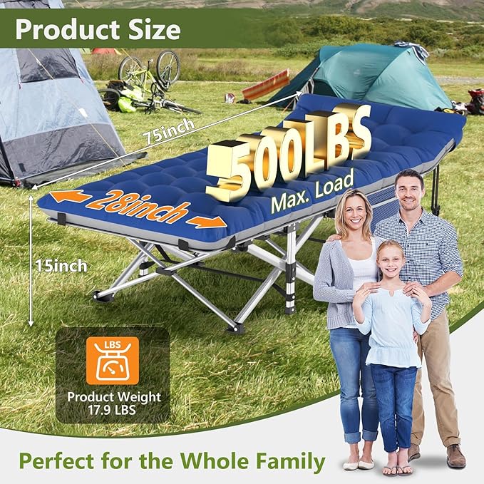 Slendor Folding Camping Cot, Sleeping Cot for Adults with Carry Bag, Mattress, 1200D Layer Oxford Portable Camp Cot Bed for Guest Travel Office Beach