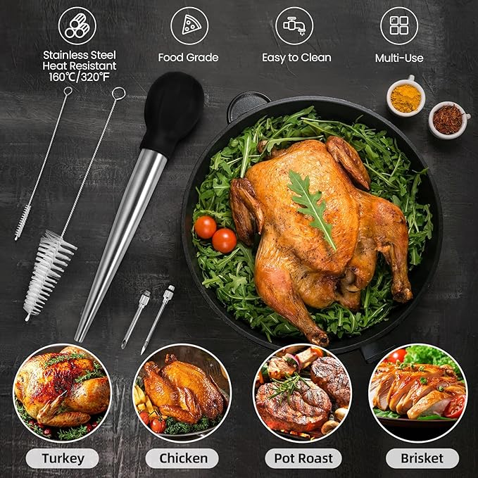 SCHVUBENR Large Turkey Baster with Cleaning Brush & Needle - Stainless Steel Baster Tool for Cooking - Easy to Use and Clean - Heavy Duty Baster Syringe - Flavor Meat Poultry, Beef, Chicken - Black