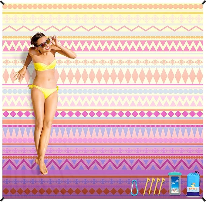 BYDOLL Beach Blanket Waterproof Sandproof 78''ร81'' Suits1-4 Adults Compact Lightweight Oversized Sand-Free Blanket Large Picnic Mat for Beach Travel Camping Hiking