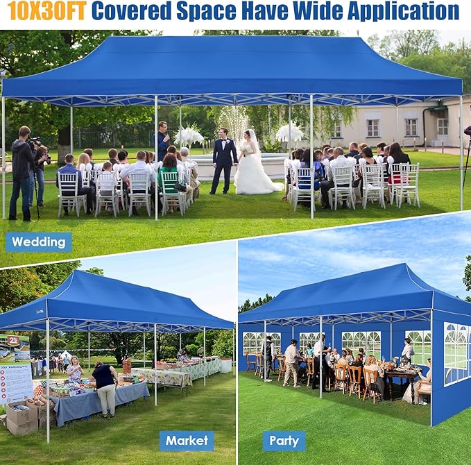 HOTEEL 10x30 Pop up Canopy Tent for Parties, Heavy Duty Easy Setup Tent with 8 Sidewalls, Outdoor Commercial Instant Gazebo for Wedding Event, with Portable Bag & Sand Bags, Blue(Hexagonal Frame)