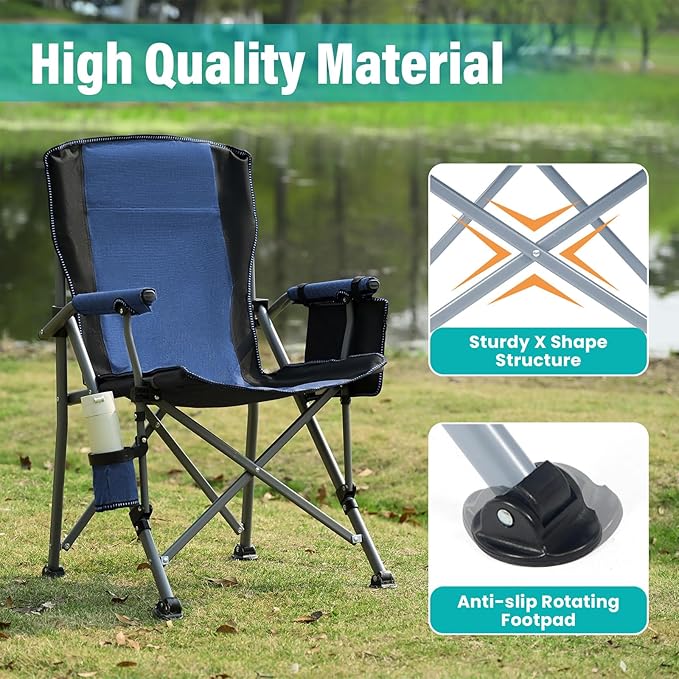 Folding Camping Chair Portable Outdoor Beach Chair, Heavy Duty Foldable Lawn chair Support 330lbs, Collapsible Lightweight Camp Chair with Cup Holder&Carry Bag for Fishing Outside Sports Picnic(Blue)