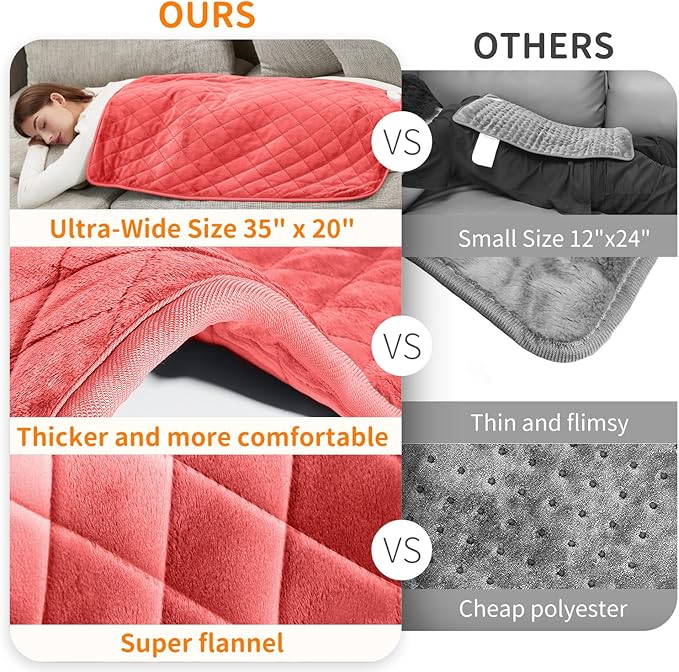 Electric Heating Pad for Pain Relief - 35"x20" King Size, Soft Velvet, Moist & Dry Heat, Adjustable Temperature, Auto Shut-Off, Machine Washable, Ideal for Back, Neck, Shoulder & Menstrual Cramps