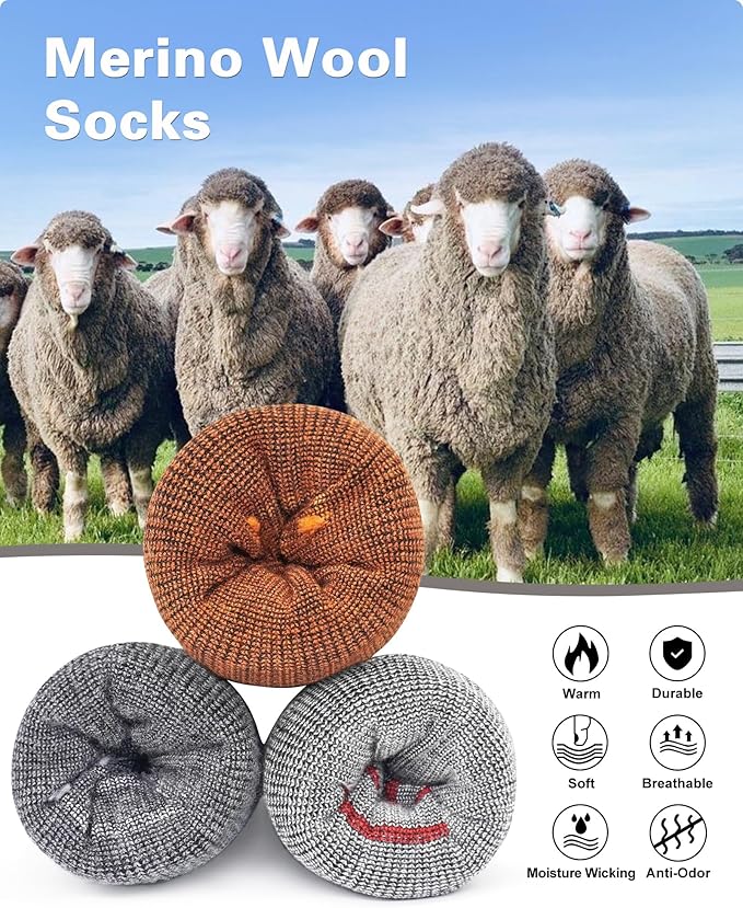 SIXDAYSOX Mens Merino Wool Hiking Socks, Moisture Wicking Cushioned Hiking Socks for Outdoor Trekking Cycling, 2 Pairs