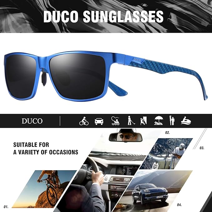 DUCO Mens Sunglasses Polarized Rectangle Sunglass for Men Lightweight Carbon Fiber UV400 Protection 8206