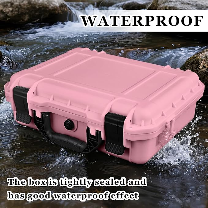14.3 x 11.4 x 4.5 Inch Waterproof Hard Case with DIY Customizable Foam Insert Portable Protective Case with Knife for Camera Drones Equipments Tools Test Instruments (Pink)