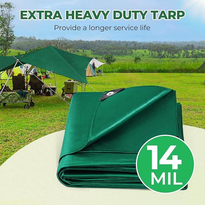 HIRALIY 14 Mil Tarp Waterproof 8x10 Feet, Thick Heavy Duty Tarp with Reinforced Grommets for Firewood, Roof, Camping, Patio, Pool, Boat, Dump Trailer