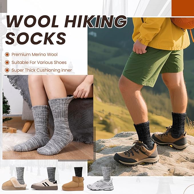 Eyean Merino Wool Socks Thermal Winter Ski Warm Thick Cozy Boot Hiking Socks for Women Men 3 Pairs