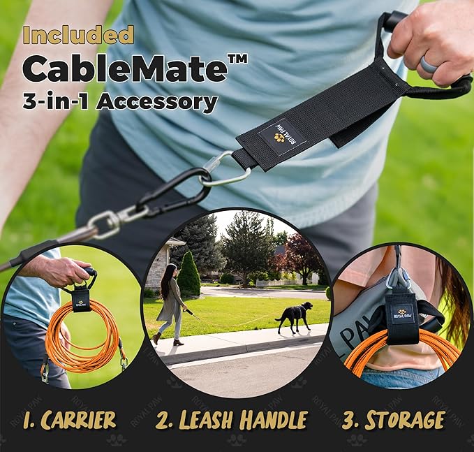 Dog Tie Out Cable - Tie Out Cable for Dogs (up to 300 lbs) - Use Dog Tie-Outs & Stakes for Outside - Best Heavy Duty Dog Leash for Large Dogs (20ft - Royal Orange)