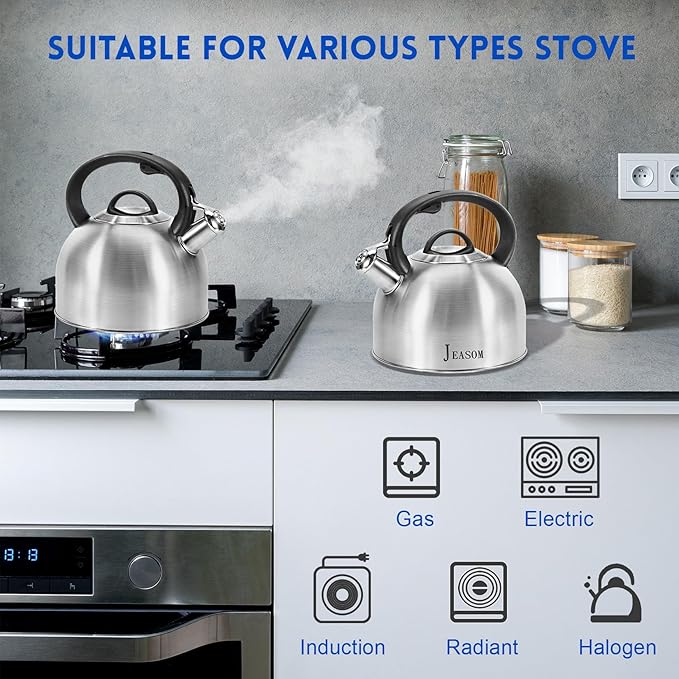 Tea Kettle Stovetop - Food Grade Stainless Steel Whistling Tea Pot with Ergonomic Handle, Unique Button Control Kettle Outlet, Can Be Used in the Kitchen or Camping, 3.1 Q/3L