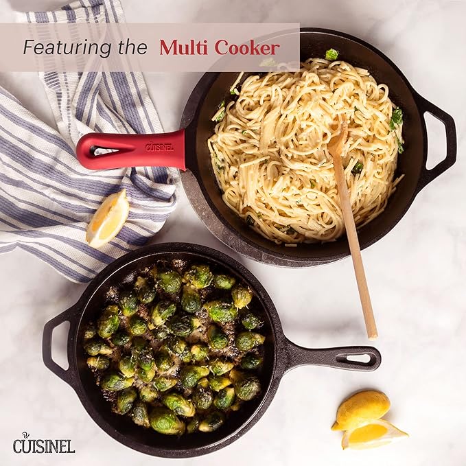 Cast Iron Cookware Set - 17-Piece Pre-Seasoned Kit - 8" Skillet + 10"+12" Skillets with Glass Lid + Grill Pan + Multi-Cooker/Dutch Oven + Flat Griddle + Pizza Pan + Pan Rack Organizer - Indoor/Outdoor
