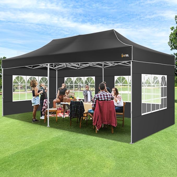 HOTEEL 10x20 Pop up Canopy Tent for Parties, Heavy Duty Easy Setup Tent with 6 Sidewalls, Outdoor Commercial Instant Gazebo for Wedding Event, with Roller Bag & Sand Bags, Black(Hexagonal Frame)