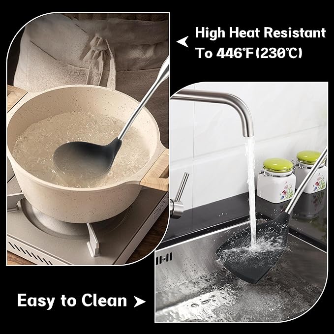 FJNATINH Silicone Wok Spatula,Ladle,Skimmer - Stainless Steel Wok Tools, Wok Utensil - Resistant Cooking Utensils BPA Free Kitchen Utensils Cookware Wooden Handle,3 Pieces