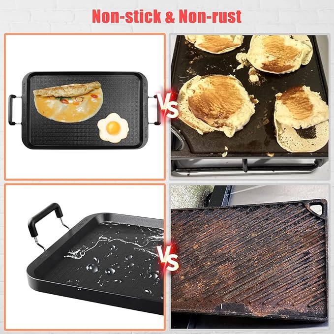 Vayepro 2 Burner Griddle Pan with Glass Lid, Nonstick Stovetop Griddle for Gas & Glass Cooktops, Aluminum Camping Grill Pan for Breakfast