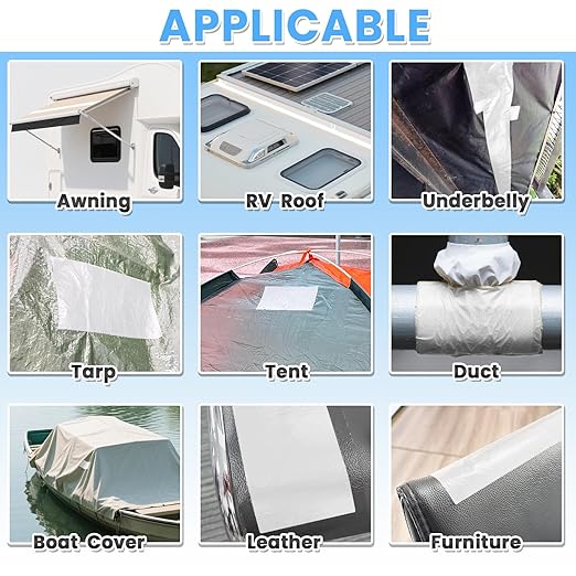 Waterproof Repair Tape for Fabric, Awning, RV Roof, Underbelly, Tarp, Tent, Sail and Boat Cover Outdoor Repair Patch, Heavy Duty, UVproof, Multipurpose White