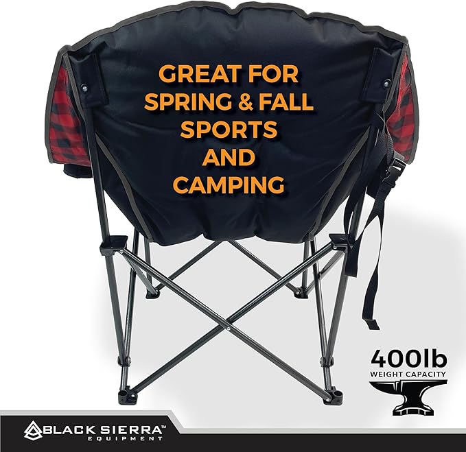 Black Sierra Heated Camping Chair for Adults, Oversized Outdoor Seat with Plush Padding, Supports 400lbs, Cup Holders and Carry Bag, Heavy Duty Folding Chair for Tailgating, Patio, or Sideline Comfort