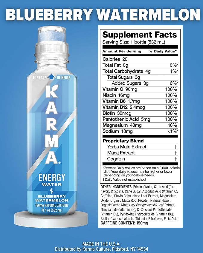 Karma Energy Drink – 12 Pack, Blueberry Watermelon Caffeinated Water with Cognizin® Nootropics, Vitamins & Immune Support, Low Calorie