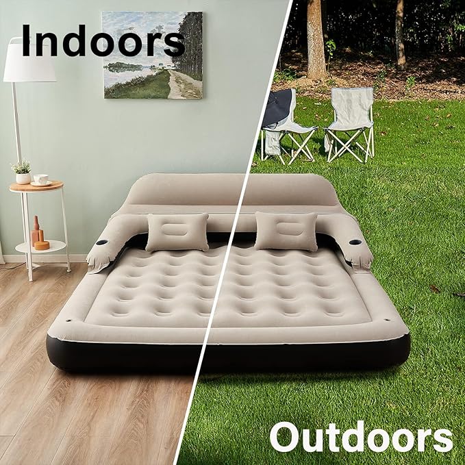 RAPTAVIS King Size Air Mattress Sofa Bed with Headboard and Pillow, Inflatable Bed for Outdoor Overnight