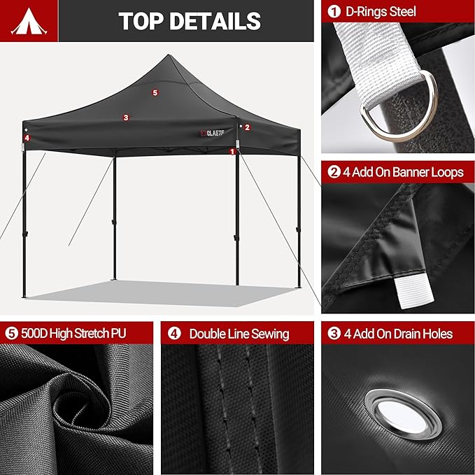 10x10 Canopy Replacement Top for Pop Up Canopy Tent - 4 Drainage Holes,10x10ft Canopy top Suitable for Most of The Standard Canopy(top only, Black)