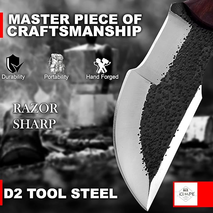 KIMPE 10" Handmade D2 Steel Tracker Knife-Survival & Hunting Knife with Holster-Full Tang Fixed Blade Knive with Ram Horn Handle-Knives for men.(D2 Ram Horn)