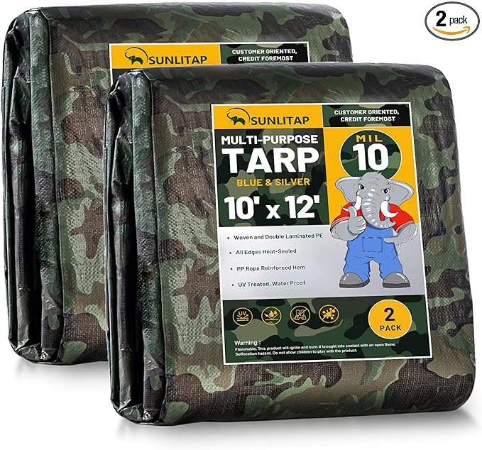 10 Mil Heavy Duty Waterproof Tarp, 10x12 Ft Finished Size Large Tarps with Metal Grommets & Reinforced Edge, Multipurpose Camouflage Tarp for Car, Boat, Roof, Camping - 2 Pack