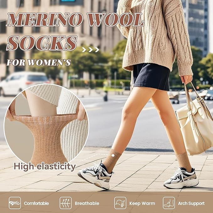 Merino Wool Socks For Women Hiking Winter Boot Thermal Warm Thick Cozy Work Crew Socks 5 Pairs