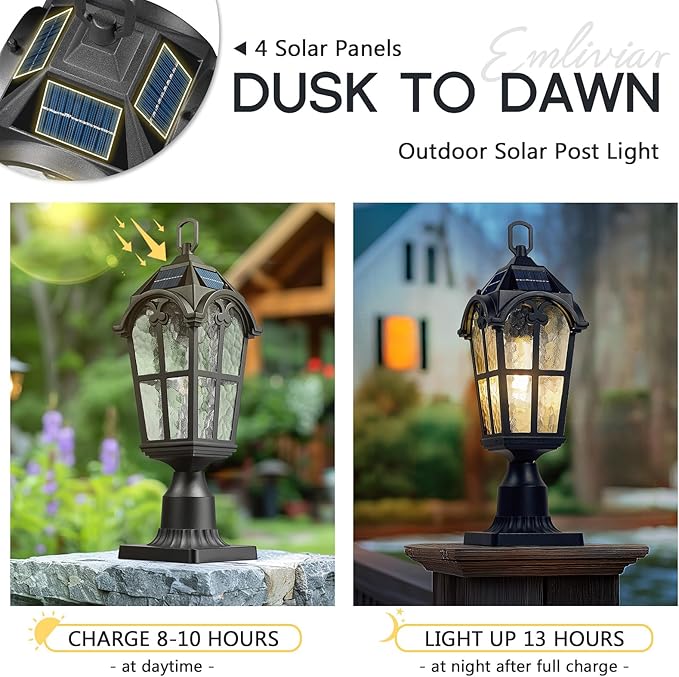 Emliviar 19" Portable Solar Post Light for Patio and Camping, Table Lamp with Pier Mount Base in Black Finish, Outdoor Solar Lighting with Water Grain Glass Shade, YXE302P-ML SL BK