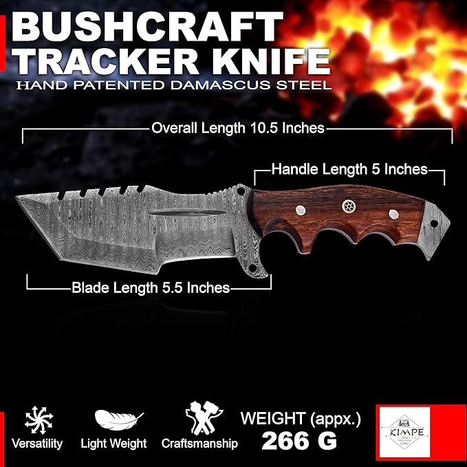 KIMPE 10.5’’ Damascus Hunting Knife with Leather Sheath-Fixed Blade EDC Knife-Bushcraft Knives-Wood Handle-Best Camping & Survival tool-Knives for Men. (Rose Wood)