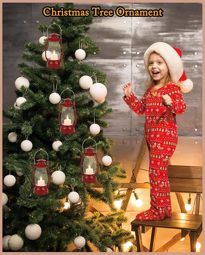 LLQ Small Red Lanterns Decorative with Remote, 7-inch Vintage Western Lanterns with Flickering LED Candle, Camping Decorations, Western Party Decorations, Christmas Centerpieces for Tables, 4-Pack