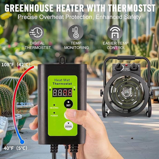 Greenhouse Heater with Digtal Thermostat, 1500W Electric Greenhouse Heaters, Fast Heating with Overheat Protection, Grow Tent Heater for Green House, Outdoor, Patio, Flower Room, Sliver