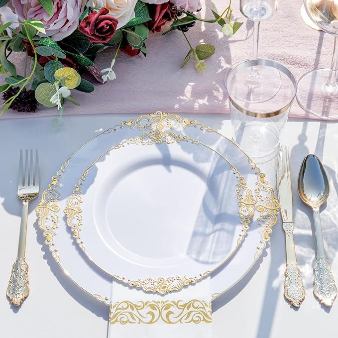 Nervure 350PCS Gold Plastic Dinnerware - White and Gold Disposable Plates for 50 Guests - 100 White Disposable Plates, 150 Plastic Silverware, 50 Cups, 50 Napkins for Wedding & Party & Thanksgiving