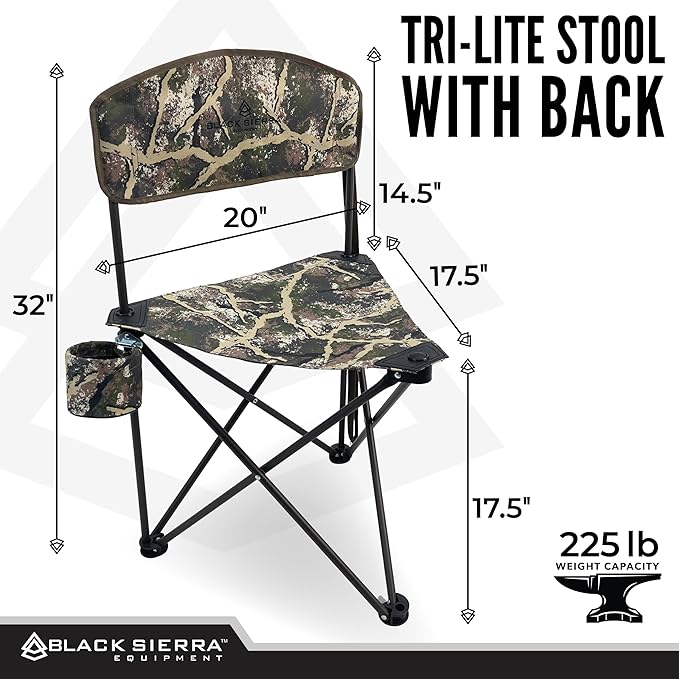 Black Sierra XL Tripod Hunting Stool w/Backrest, Lightweight Portable Fishing Chair w/Cupholder and Carry Strap, Supports 225 Lbs, Portable Outdoor Chair for Hunting, Camping, Travel, Hiking