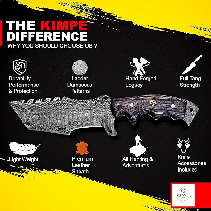 KIMPE 10.5’’ Damascus Hunting Knife with Leather Sheath-Fixed Blade EDC Knife-Bushcraft Knives-Wood Handle-Best Camping & Survival Knives-Knives for Men. (Pakka-Grey)