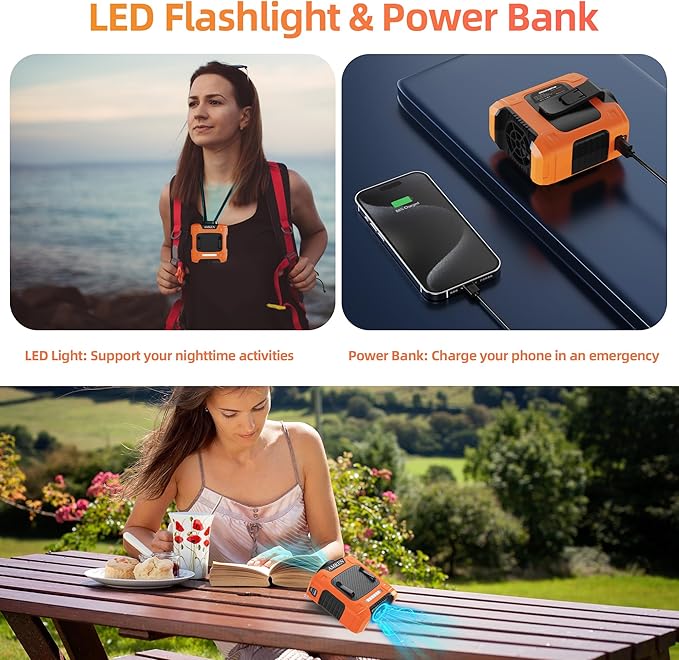 AMKEN Waist Fan - 3-Speed Clip-On Belt Fan, 16000RPM Strong Airflow, 24H Rechargeable Battery (10000mAh), LED SOS & Red-blue Light - Portable Cooling for Jobsite, Camping, Fishing, Outdoor