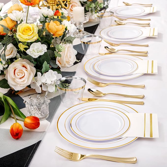 NOCCUR 700PCS Gold Plastic Plates - Gold Disposable Dinnerware Set for 100 - Include 200 Dinner/Dessert Plates,300 Cutlery,100Cups,100Napkins, Idea for Wedding&Party